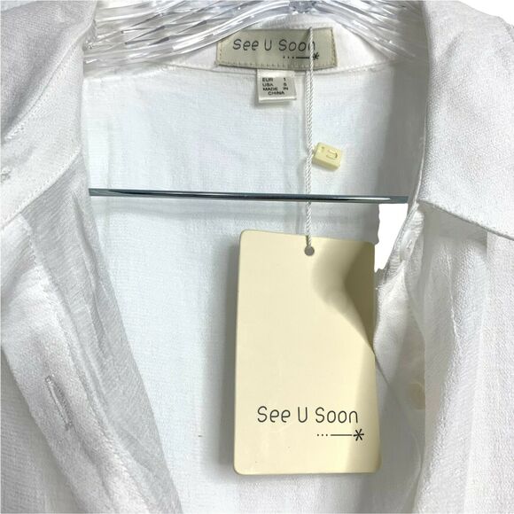 See U Soon Off White Gauze Embroidered Shoulder Loose Button Up Blouse Small New - Picture 4 of 6